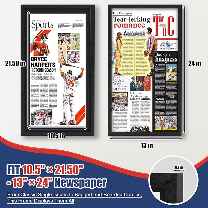 JupDec 11 × 22 Up to 13 × 24 Newspaper Frame, Premium Wood Display Case with Acrylic Panel, Wall Mount or Tabletop Stand, Perfect for Home & Office Decor, Ideal Gift for Collector, 1 Pack, Black