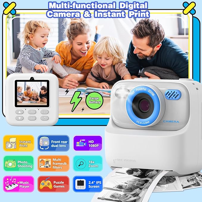 masterbee Kid Camera Instant Print Photo, Birthday Gifts for Girls and Boys, Kids Digital Camera Toys, 1080P HD Video, 3 4 5 6 7 8 9 10 11 12 Year Old Boy Gifts/Girl Gifts