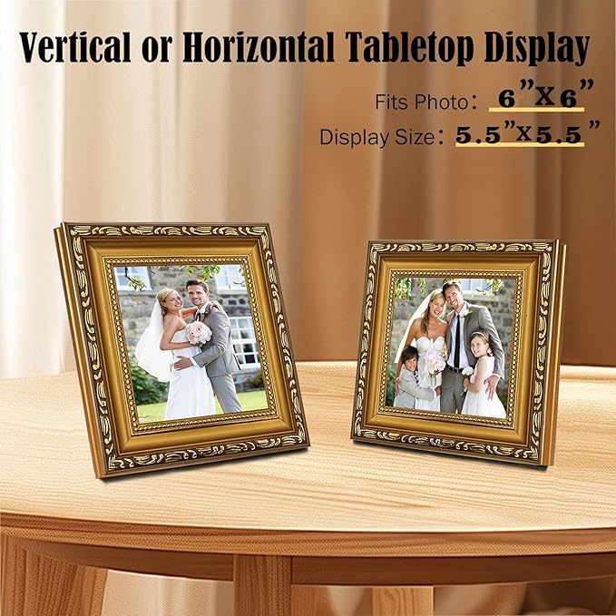 6×6 Picture Frame Gold - Picture Frames for Wall Hanging And Tabletop Display, Ornate Photo Frame for Poster,Vintage Frames,with Durable Plexiglass