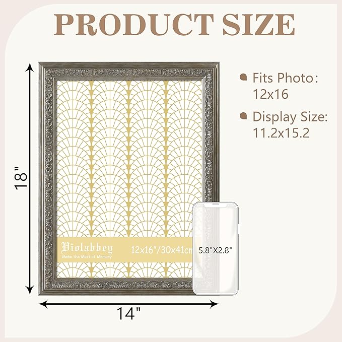 VIOLABBEY 12x16 Picture Frame Sliver, Vintage Photo Frames Ornate without Mat for Wall Hanging