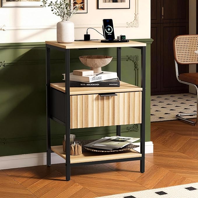 Bonnlo Fluted Nightstand with Charging Station, End Table with Fabric Drawer, Night Stand with Storage Shelf & Handle, Fluted Side Table for Bedroom/Living Room, Oak
