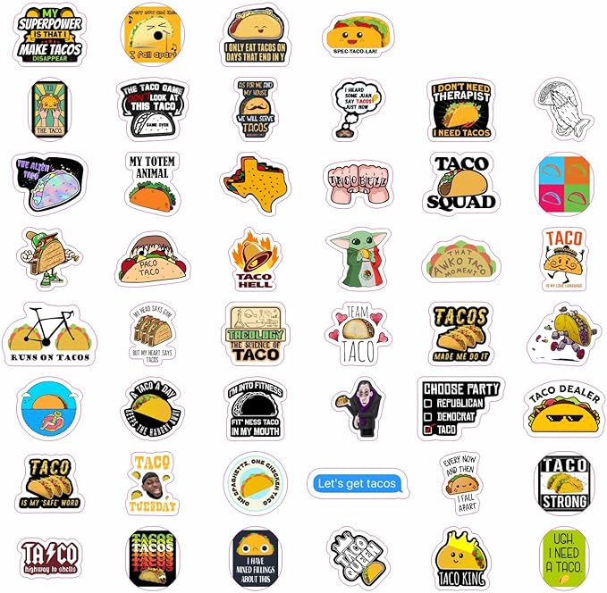 BulbaCraft 100Pcs Funny Taco Stickers and Decals for Adults, Taco Party Decorations, Gifts for Women & Men
