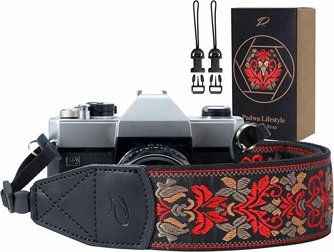 Padwa Lifestyle Camera Strap - 2" Wide Red Vintage Jacquard Embroidery Flower Camera Straps with Genuine Leather Head, Adjustable Neck Shoulder Strap for All Cameras and Men & Women Photographers