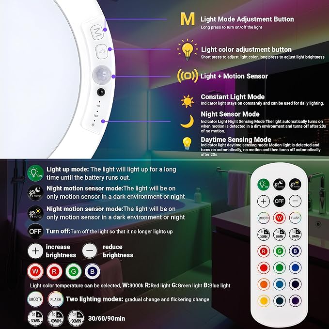 Shower Lights for Inside Shower - 1 Pack Rechargeable Ceiling Light with Remote, Color Changing & White Timing Light, Motion Sensor Battery Powered Shower Lamp for Bathroom Closet Patio
