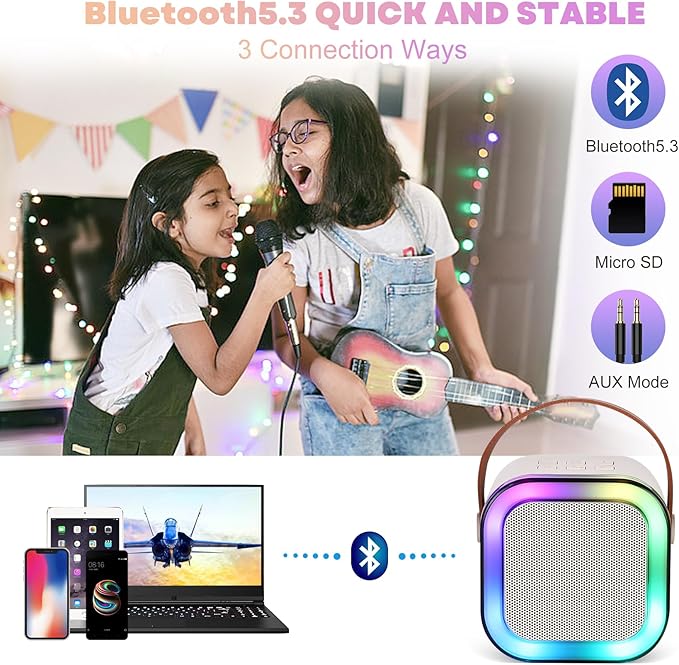 Mini Karaoke Machine, Portable Bluetooth Karaoke Speaker with 2 Wireless Microphones and Light for Family Home Party,Toys for Girls Boys Friends Age 3-12+ Kids and Adults Birthday Gifts. (Beige)