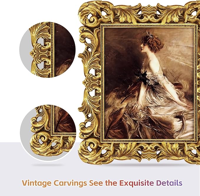 8x10 Picture Frame Gold Ornate Victorian Picture Frames Baroque Vintage Antique for Wall or Tabletop Display, Fits 8x10 or 5x7 Photo with Mat
