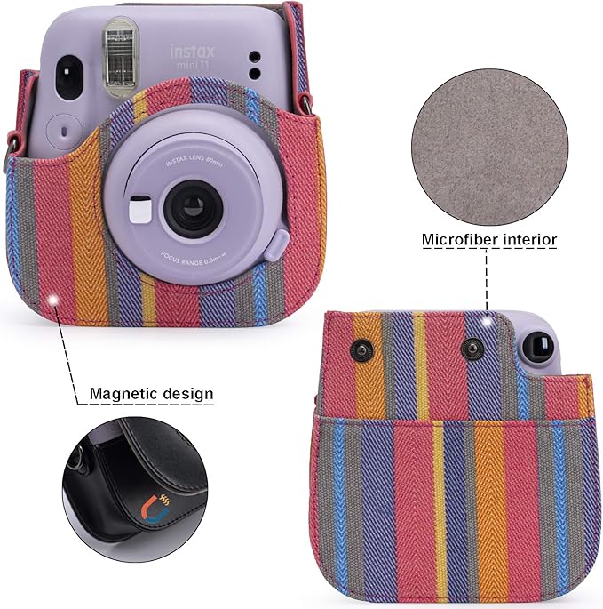 Frankmate Canvas Camera Case Compatible with Fujifilm Instax Mini 11 12 Instant Camera with Adjustable Strap and Pocket (Color Stripes)