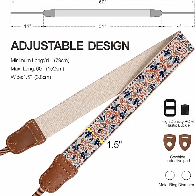 Padwa Lifestyle Camera Strap - 1.5" Crazy Horse Cowhide Head Cotton Strap,Vintage Embroidery Camera Straps for Photographers and All Cameras,Cute Adjustable Shoulder Neck Strap for Adults & Kids