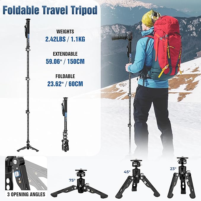 LEOFOTO Carbon Fiber Monopod with Feet, 59" Portable Lightweight Travel Monopod for DSLR Camera, 360° Panorama, 4 Leg Section, Modular 3 in 1