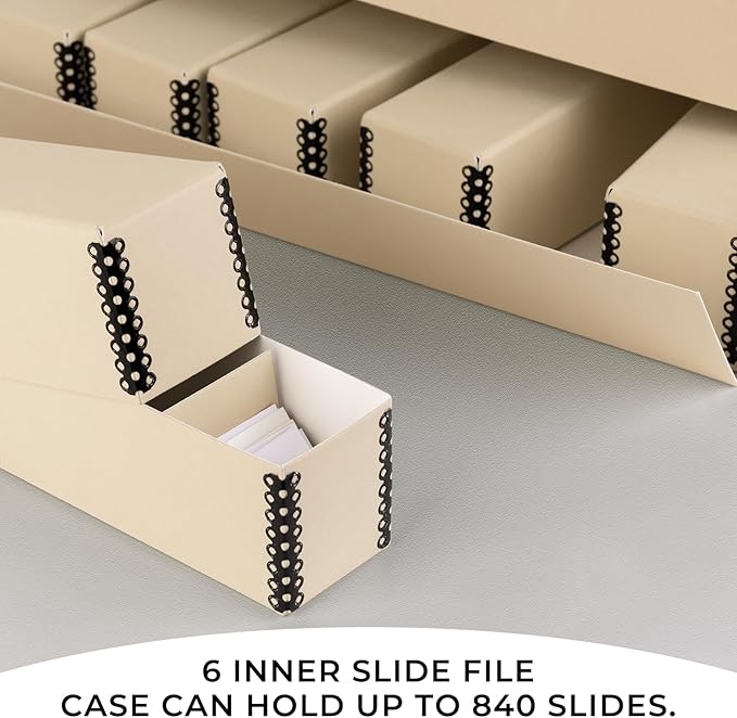 Golden State Art, Archival Slide Storage Box, Acid-Free Metal Edge Organizer With 6 Inner File Cases, Holds Up to 840 Films, For Storing Photos and Negatives, 15.5" x 11.5" x 3" (Tan)
