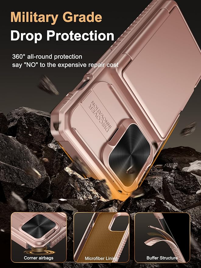 Vihibii for iPhone 13 Pro Wallet Case with Card Holder (4 Cards), [RFID Blocking] & Slide Lens Camera Cover & Raised Edges Protect Screen, Shockproof Rugged Wallet Phone Case, 6.1" 2021, Rose Gold