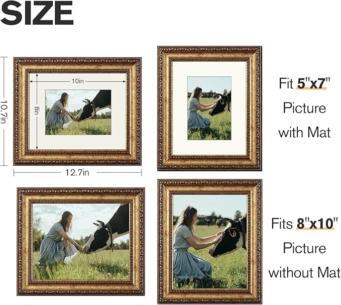 8x10 Antique Bronze Vintage Picture Frame, Ornate Vintage Picture Frames for Wall or Tabletop Display, 8x10 Photo Frame with Real Glass, Display Poster 5x7 with Mat or 8 x 10 without Mat for Antique Decor