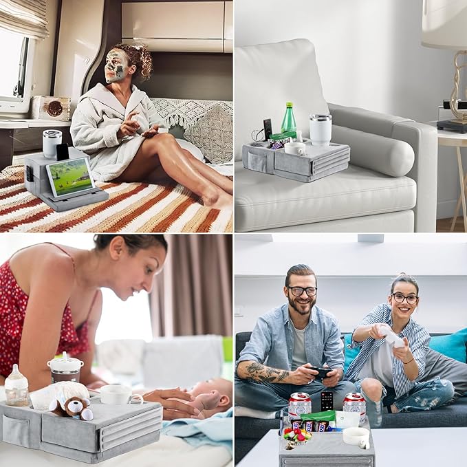 Luxspire Couch Cup Holder, Couch Caddy with 8 Holes and Side Pocket, Couch Cup Holder Tray for iPad/Drinks/Remote Control/Snacks Holder, Gray