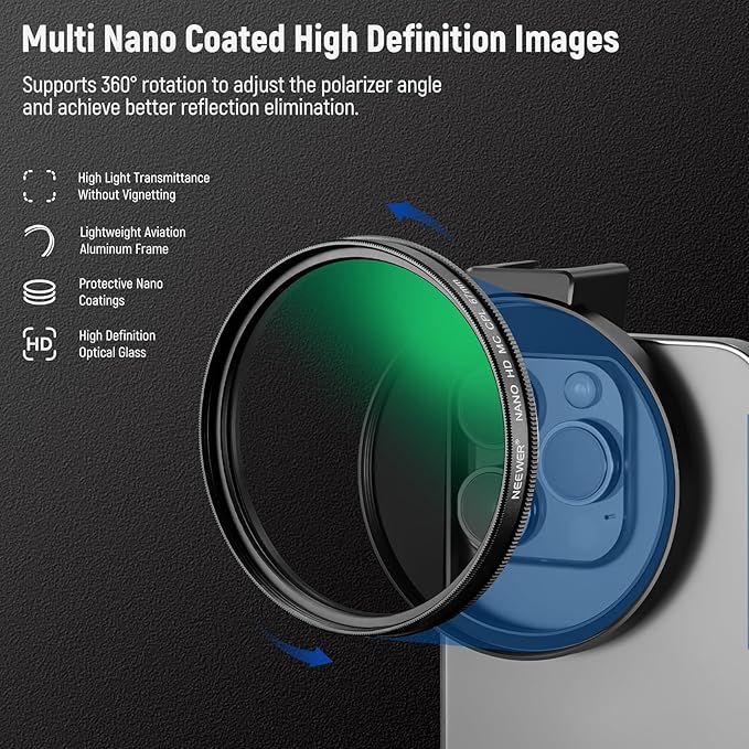 NEEWER 67mm CPL Filter for Phone, Circular Polarizing Camera Lens Filter with Cold Shoe Clip Compatible with iPhone 17 16 16e 15 Pro Max Plus 14 13 Android Samsung Galaxy S25 Ultra, FL-27