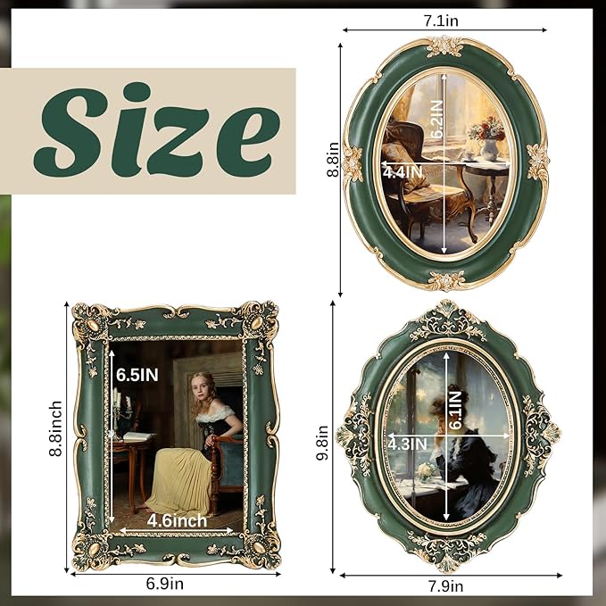3 Pcs Green Vintage Picture Frame Set Antique Oval Picture Frames 4x6, 5x7 Inch Baroque Photo Ornate Frames with Glass Gift for Tabletop Hanging Wall Art Wedding Home(Antique Style)