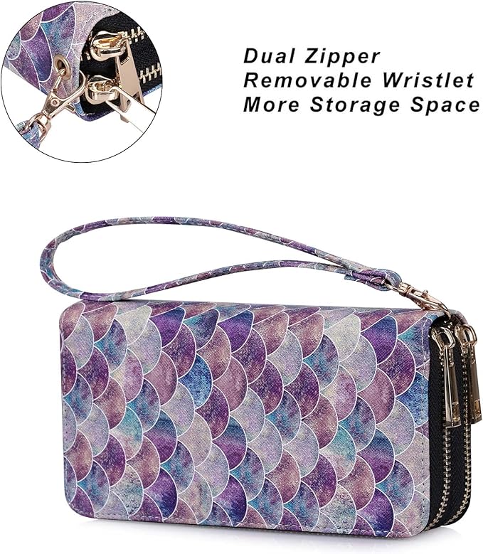 Cellphone Wallet for Women Dual Zipper Long Purse with Removable Wristlet