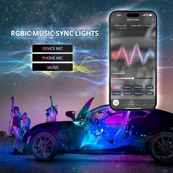 OPT7 Aura DreamColor RGB-IC LED Car Interior Light Strips, 4PC Interior Ambient Lighting Kit with APP & Remote Control, 12V Color Chasing Lights Universal for SUV Trucks Pickups Van, Easter Gifts
