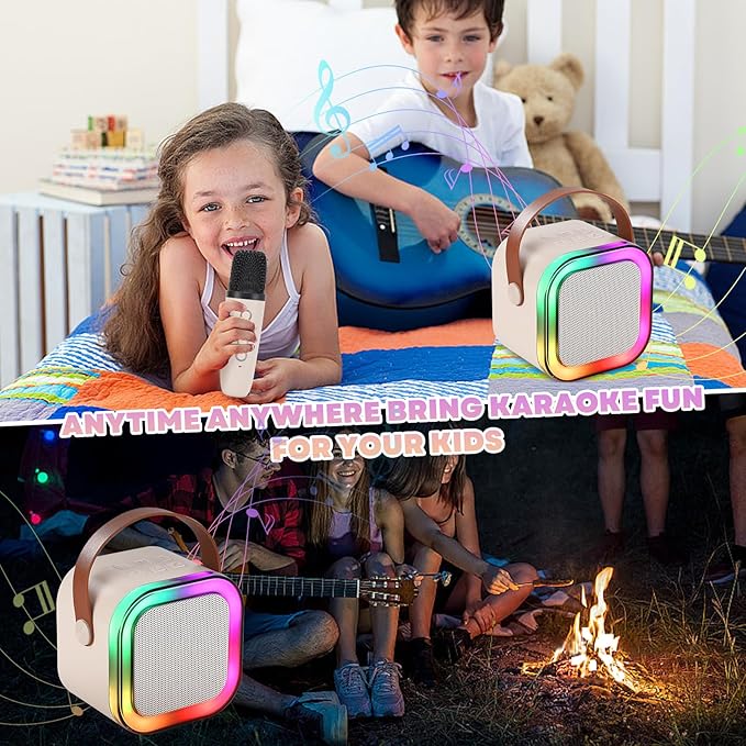 Mini Karaoke Machine, Portable Bluetooth Karaoke Speaker with 2 Wireless Microphones and Light for Family Home Party,Toys for Girls Boys Friends Age 3-12+ Kids and Adults Birthday Gifts. (Beige)