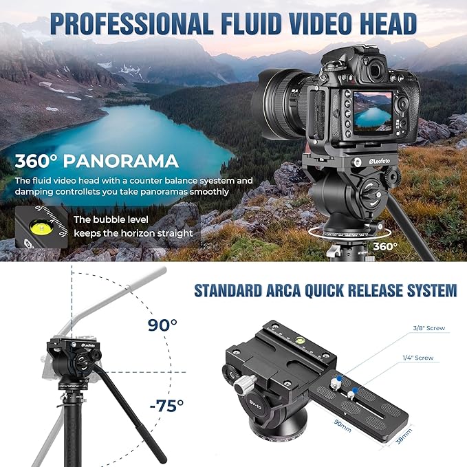 LEOFOTO Carbon Fiber Camer Monopod Kit, 63" Professional Video Monopod with Fluid Head and Folding Support Base for Video Cameras Camcorders