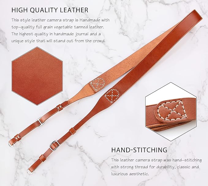 MY MEMORY Handmade Genuine Leather Camera Strap,Adjustable Camera Neck Shoulder Strap for All SLR and DSLR-Brown