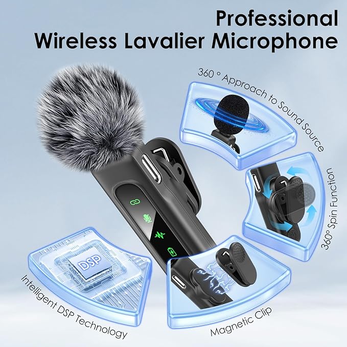 USB C Mini Wireless Lavalier Microphone for iPhone/Android,Lapel Mic with Magnetic Clip-on for Record Video，Lav Mic with LED Display Podcast Vlog Content Creator Interview