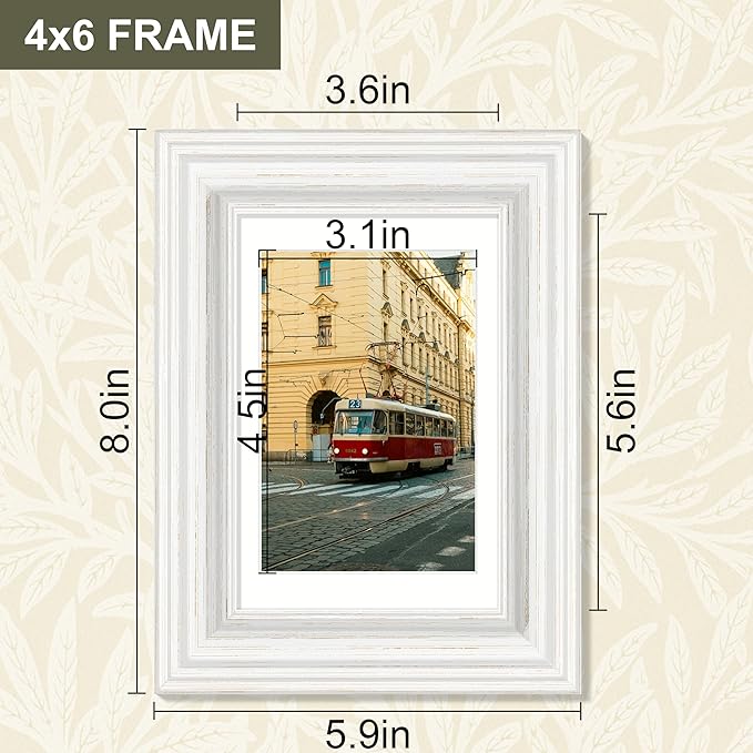 Vittanly 4x6 Picture Frame Set of 4, Vintage Photo Frame for Wall or Tabletop, Display 3.5x5 Pictures with Mat or 4x6 without Mat, Rustic Farmhouse Home Decor, Vintage White