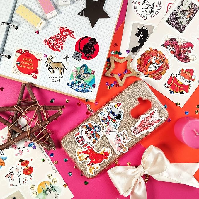 BulbaCraft 100Pcs Chinese New Year Stickers - Chinese Zodiac Stickers, Lunar New Year Decals, Gifts for Women & Men
