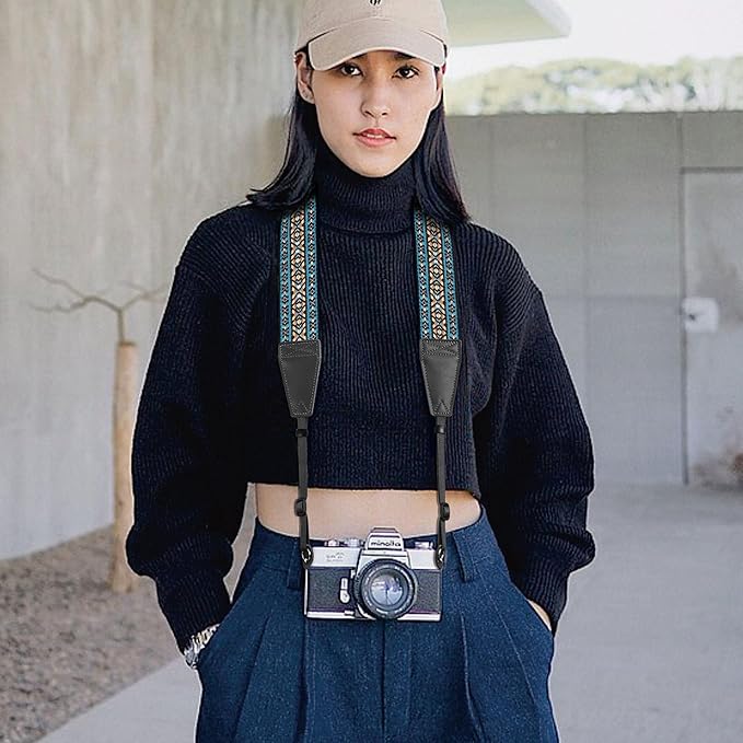 Padwa Lifestyle Boho Blue Camera Strap - 2" Full Grain Leather Ends Camera Straps for Photographers, Vintage Embroidered Cotton Weave Soft Suede Fabric Padded Strap Quick Release fits All Cameras