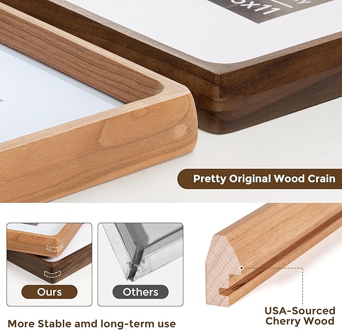 11x14 Wooden Picture Frames USA-Sourced Natural Cherry Solid Wood Photo Frame Handcrafted Rounded Corner with Mat to 8x10 Picture Frame Vintage Display with Real Glass Family Picture， 2 Pack