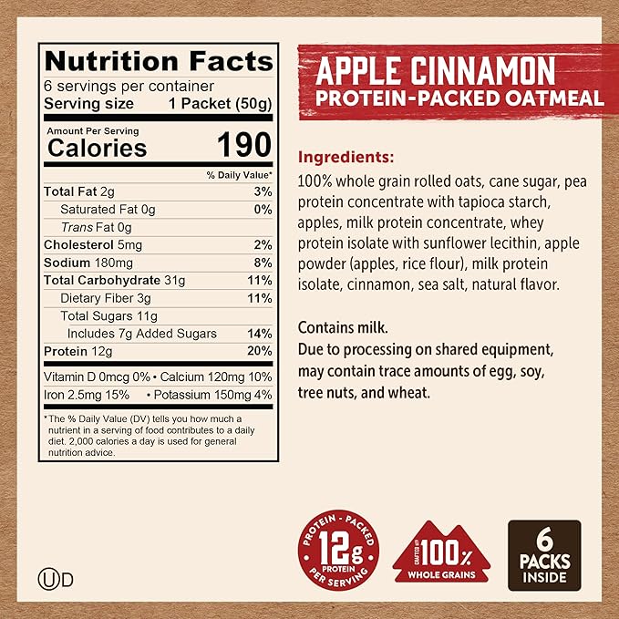 Kodiak Cakes Instant Oatmeal Packets, Apple Cinnamon, High Protein, 100% Whole Grains, 6 boxes with 6 packets each (36 packets)