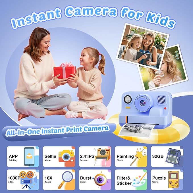 Instant Print Camera for Kids, App Printing, 1080P Video, Dual-Lens Selfie Digital Camera with 32G SD, Christmas Birthday Gifts for Girls Boys 4 5 6 7 8 9 10 11 12 Year Old, Toddler Toy_Blue