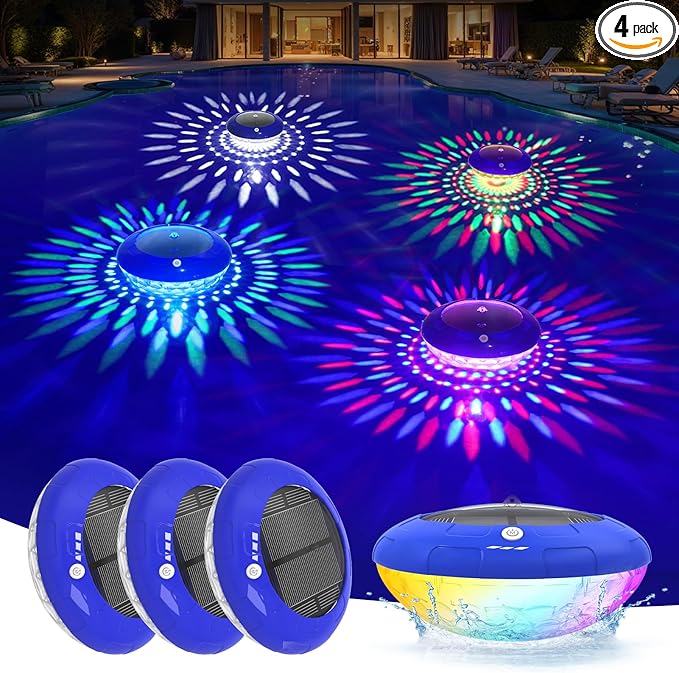 FirstE Solar Floating Pool Lights, RGB Color Changing Pool Floating Light, IP68 Waterproof LED Solar Pool Lights That Float, Hangable Auto ON Off for Above In Ground Pools Wedding Party Decoration (4)