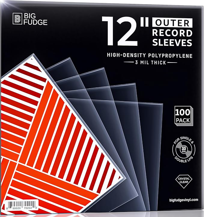 Big Fudge 12" Vinyl Record Sleeves - Outer Sleeves 100 Pack - Crystal Clear High-Density Polypropylene Vinyl Covers - Accessories Protect LP Albums from Dust, Dirt & Scratches