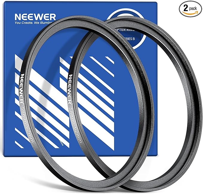 NEEWER 58-62mm Step Up Ring Adapter (2 Pack) with Cleaning Cloth, Ultra Slim Aluminum Alloy Lens Filter Adapter Ring for 58mm Camera Lens to Use 62mm Filter