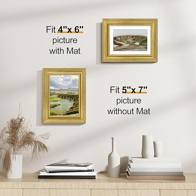 Vittanly 5x7 Picture Frames Set of 2, Ornate Vintage Photo Frame for Wall or Tabletop, Display 4x6 Pictures with Mat or 5x7 without Mat, Rustic Gold