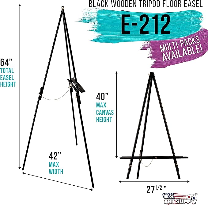 U.S. Art Supply 64" Black Wooden Easel Stand - Adjustable A-Frame Tripod for Painting, Drawing, Photos & Signs - Lightweight Easels, Wood Easel Stand for Sign Wedding Display 40" Canvas Capacity