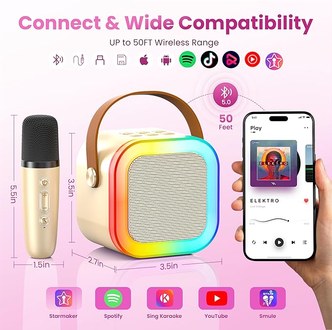 Mini Karaoke Machine for Kids Adults, Portable Bluetooth Speaker with 2 Wireless Karaoke Microphones, 2026 TOP Birthday for Girls Boys 3,4,5,6,7,8+Year Old Toddler Toys Karaoke Player(Gold)