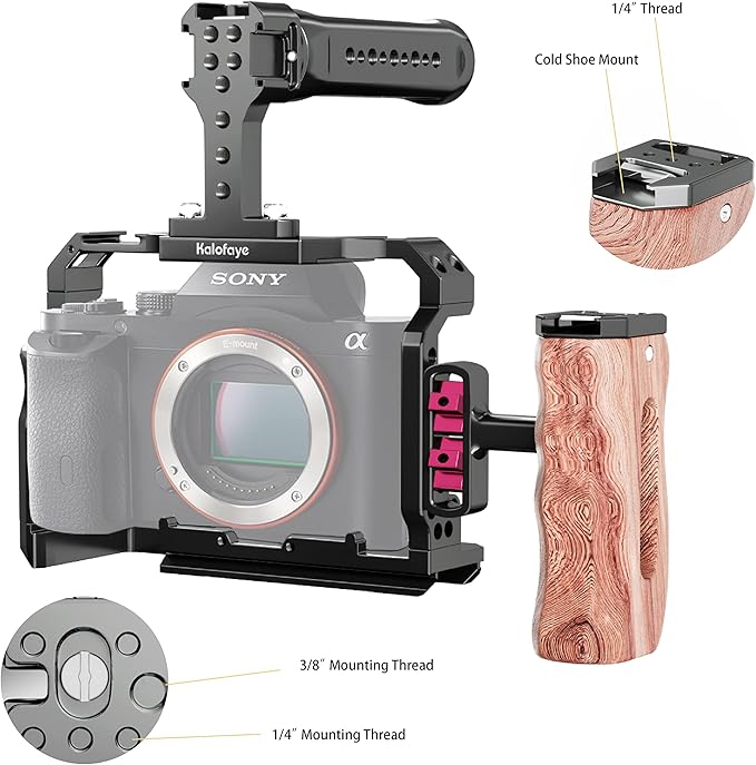 Kalofaye Aluminum Alloy Camera Cage Kit Replacement for Sony A7 M3 /ARIII / A7III / A7II / A7SII / A7RII with Top Handle Grip Wooden Side Handle