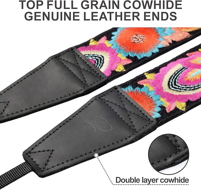 Padwa Lifestyle Colorful Knit Camera Strap - 2" Full Grain Leather Ends Camera Straps for Photographers, Vintage Embroidered Cotton Soft Suede Fabric Padded Strap Quick Release fits All Cameras