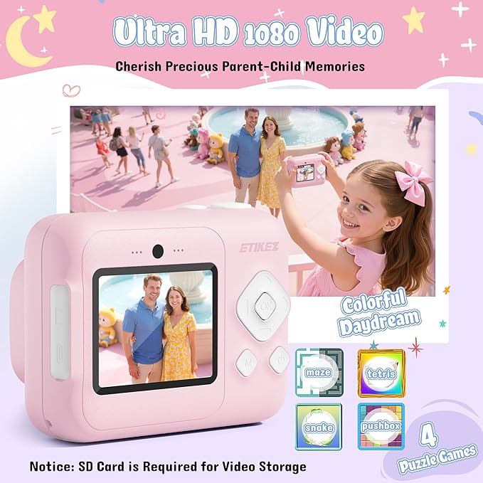 ETIKEZ Kids Camera, 1080P Instant Digital Print Camera for Kids, Christmas Birthday Gifts for 4 5 6 7 8 9 10 Year Old Girls Boys, Portable Toy with 32GB SD Card & 3 Rolls Printing Paper, Rose
