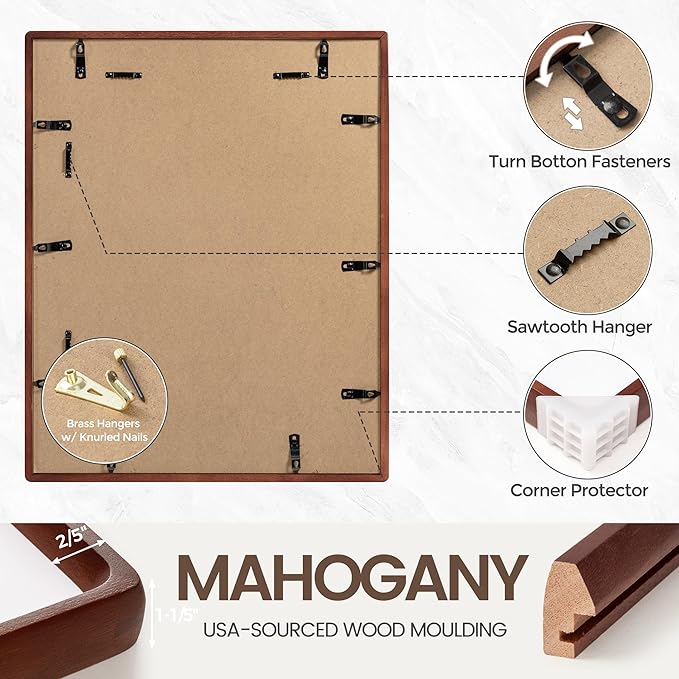 11x14 Picture Frame, USA-Sourced Natural Mahogany Wood Photo Frame with Tempered Glass, Handcrafted Rounded Corner 11 x 14 Wooden Frame Matted to 8x10 Photos, Hanging Hooks Included