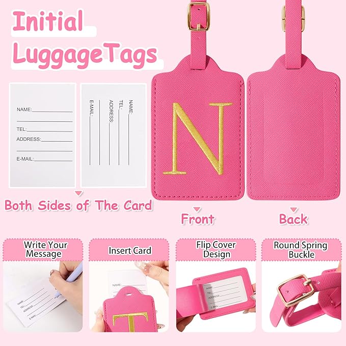 Initial Letter Luggage Tags for Suitcases, Personalized Embroidered Letter Luggage Bag Suitcase Identifier Name Tag, Cute PU Leather Travel Luggage Tags, Bag Tags for Luggage Handbags(Rosered N)