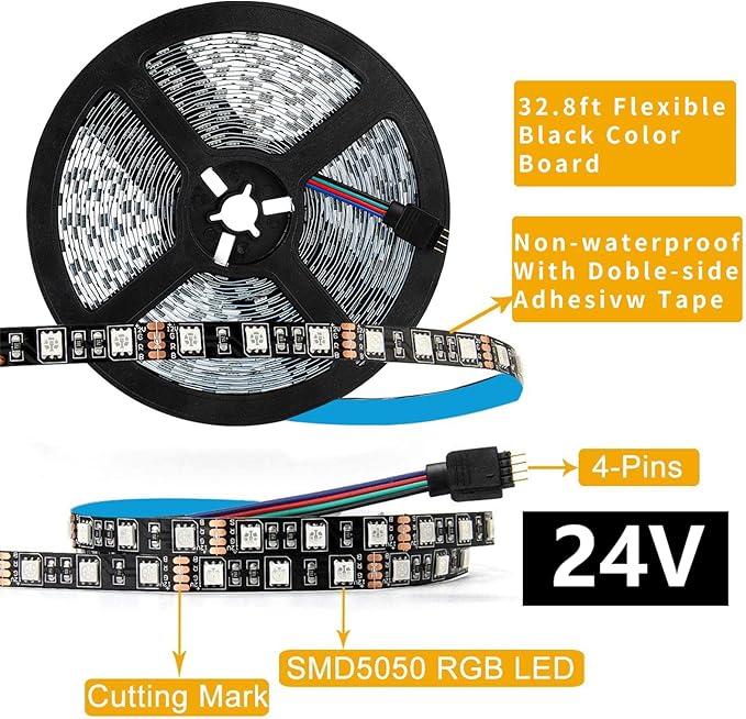 SUPERNIGHT 5050 RGB LED Strip Lights-32.8ft 600 LEDs, DC 24V Color Changing LED Lights Black PCB for Valentine Decor, Wedding Sparklers, Christmas Lights, Indoor Decoration (Only Light Strip)