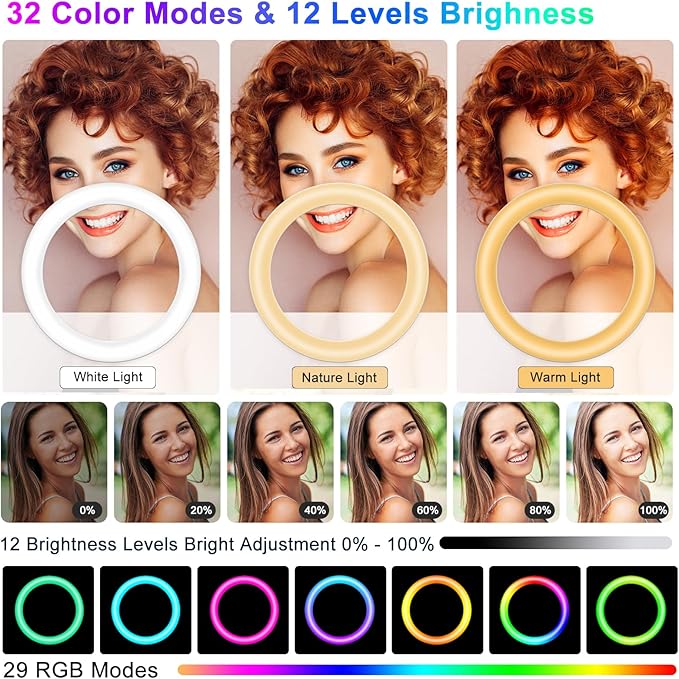 STALLY 10.2" Ring Light with Stand, 75" Tall Ring Light with Phone Holder and Wireless Remote, 12 Dimming Levels, 32 Color Modes Selfie Light Tripod for iPhone, Live Stream, Makeup, YouTube, TikTok