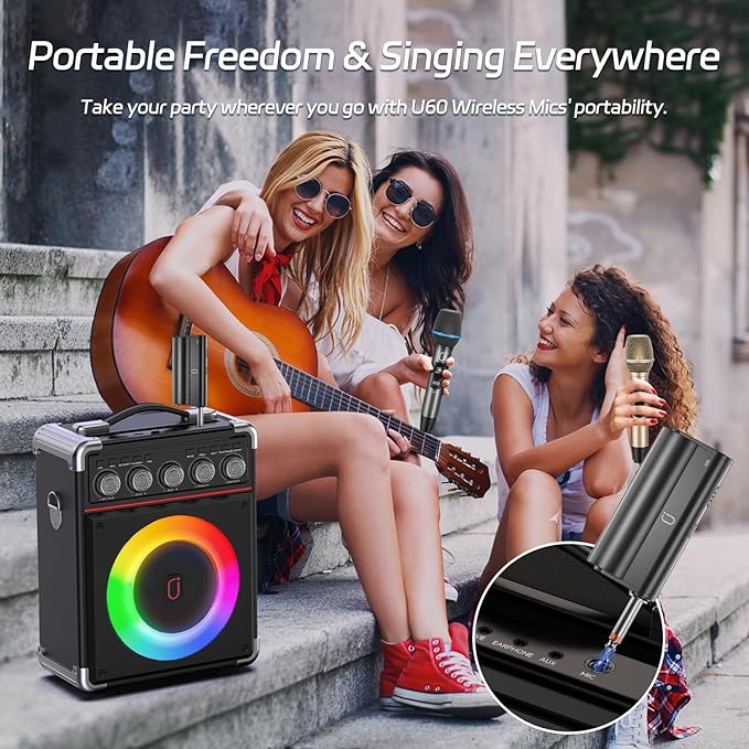 Wireless Microphones, Two UHF Microphones for Karaoke Singing, Rechargeable Dynamic Mic System with Receiver for Church, Party, Meeting, Speech, PA System, Plug and Play