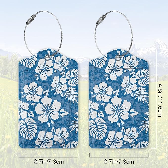 Summer Luggage Tag for Suitcase,Blue Hawaiian Hibiscus Flowers Tropical Unique Travel Tags with Privacy Cover ID Label & Stainless Steel Loop for Men Women