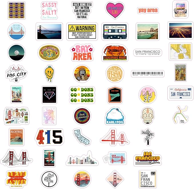 BulbaCraft 100Pcs San Francisco Stickers for Water Bottles, San Francisco Souvenirs, Gifts for Women & Men