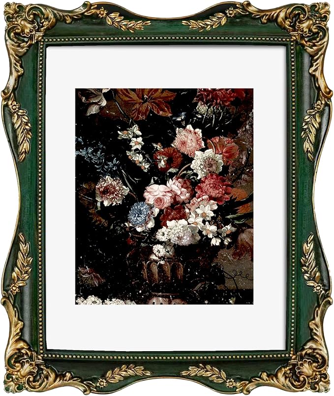 Vintage Green 11x14 Picture Frame with Mat for 8x10 or 11x14 Photos, Real Glass, Ornate Baroque Gothic Victorian Frame for Wall Display