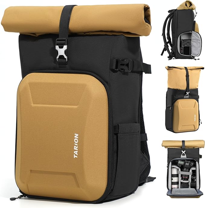 TARION Hardshell Large Camera Backpack - Expandable Camera Bag for Photographers with 16" Laptop Compartment & Side Access & Rain Cover(XH Gold)