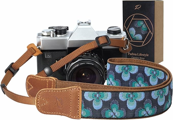 Padwa Lifestyle Camera Strap - 1.5" Crazy Horse Cowhide Head Cotton Strap,Vintage Embroidery Camera Straps for Photographers,Cameras,Binoculars,Cute Adjustable Shoulder Neck Strap for Adults & Kids